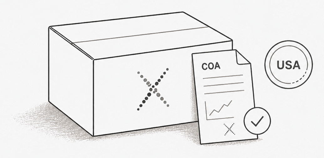 Illustration of a kit box with a USA test stamp and COA
