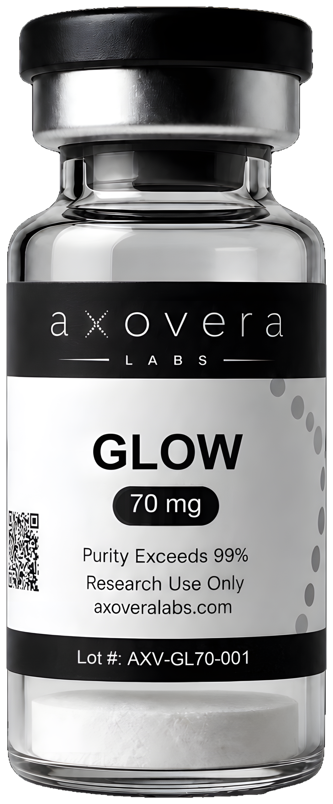 GLOW 70 mg research vial, Axovera Labs. Research use only.