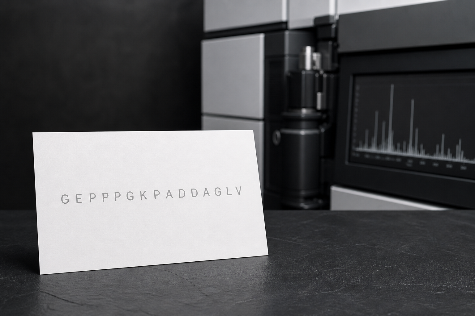 Printed residue string GEPPPGKPADDAGLV on a laboratory card beside an LC-MS console