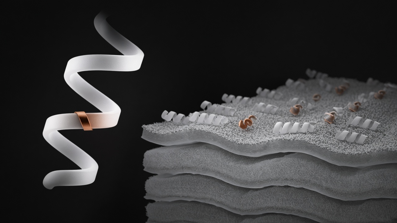 Amphipathic alpha-helix peptide model beside a suggested phospholipid bilayer on a charcoal field