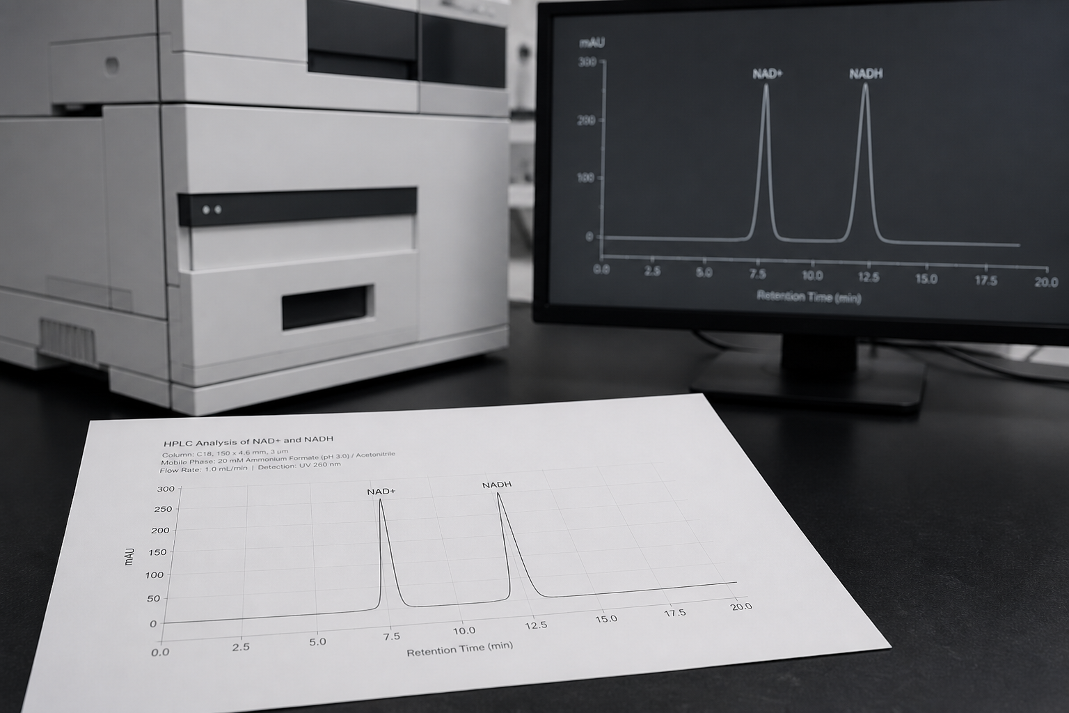Printed HPLC chromatogram with two pyridine-nucleotide peaks on a charcoal laboratory bench