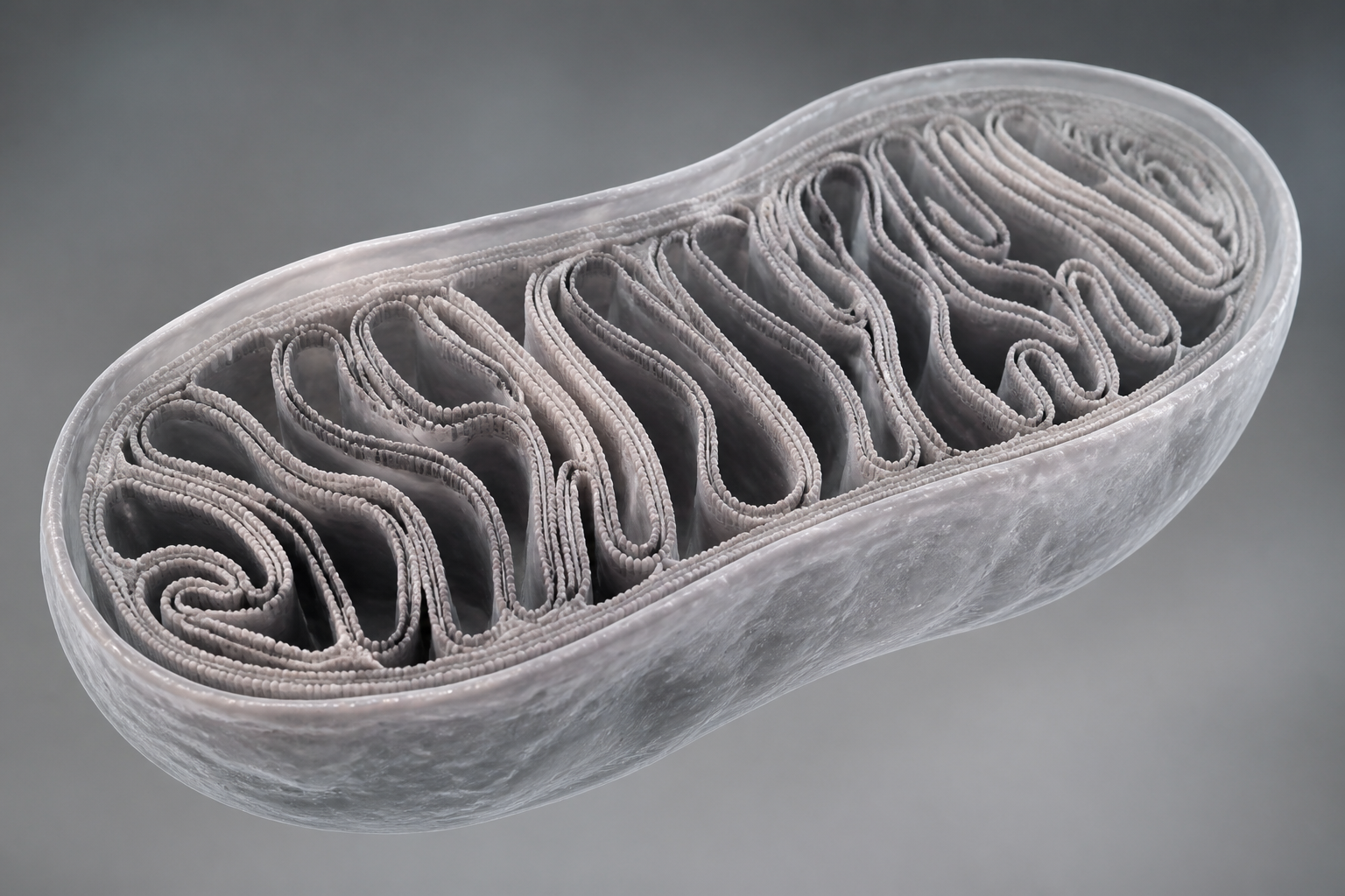 Cross-section of mitochondrial cristae membranes in charcoal, white, and pastel gray