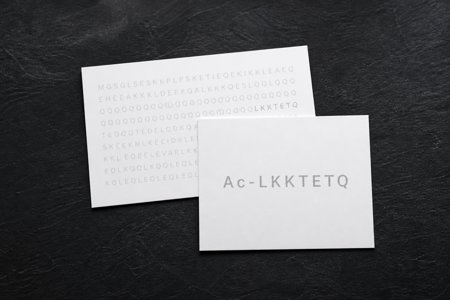 Archival cards showing the heptapeptide fragment Ac-LKKTETQ against a longer faded sequence