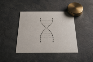 Dotted helix print on charcoal desk, laboratory stationery still life