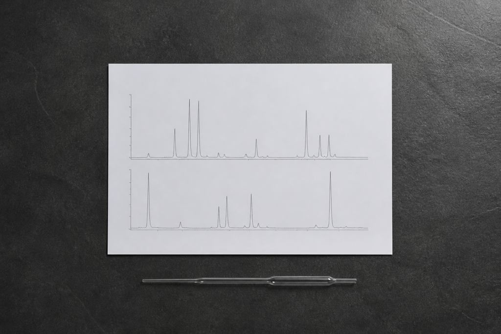 Chromatogram print and glass pipette on slate, analytical laboratory still life