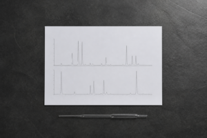 Chromatogram print and glass pipette on slate, analytical laboratory still life