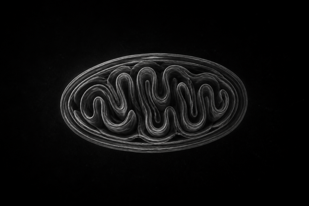 Grayscale mitochondrion illustration on black, scientific still