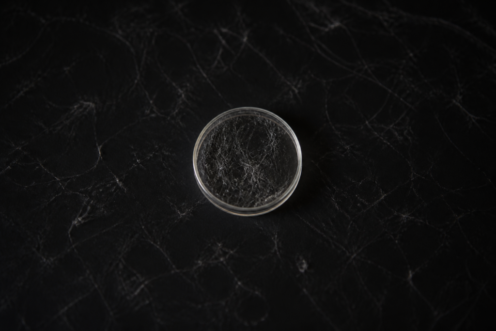 Laboratory dish with pale filamentous material on charcoal, research still life