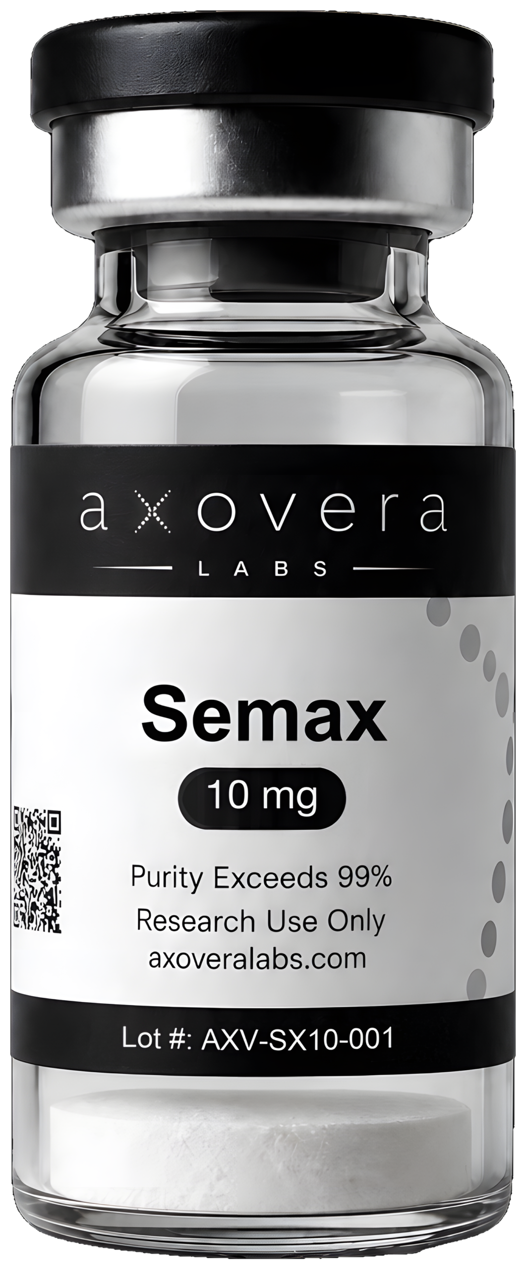 Semax 10 mg research vial, Axovera Labs. Research use only.