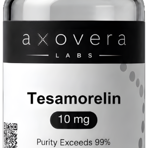 Tesamorelin 10 mg research vial, Axovera Labs. Research use only.