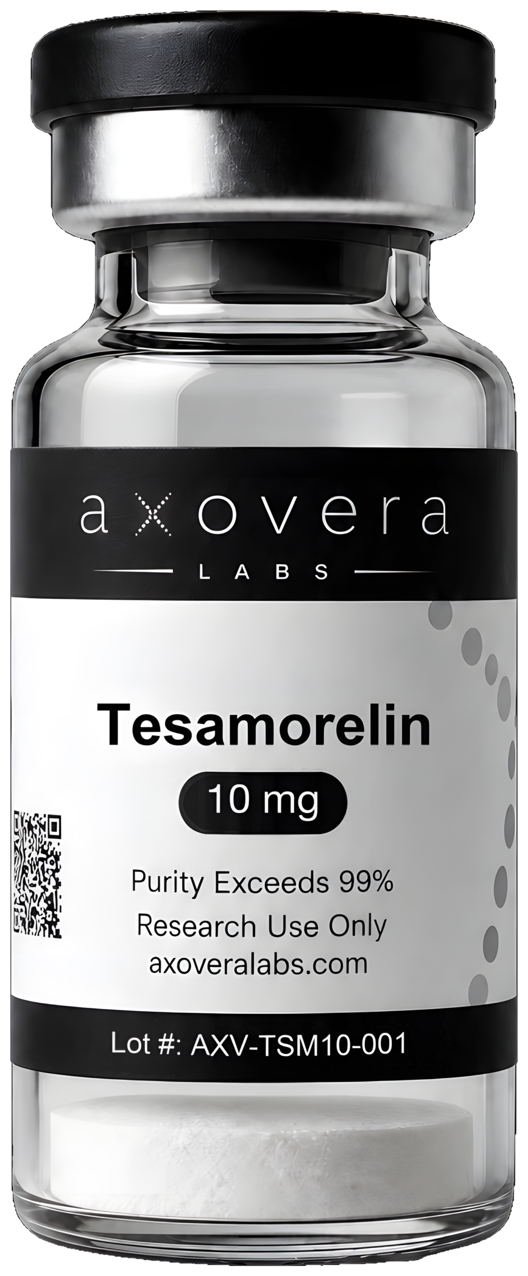 Tesamorelin 10 mg research vial, Axovera Labs. Research use only.